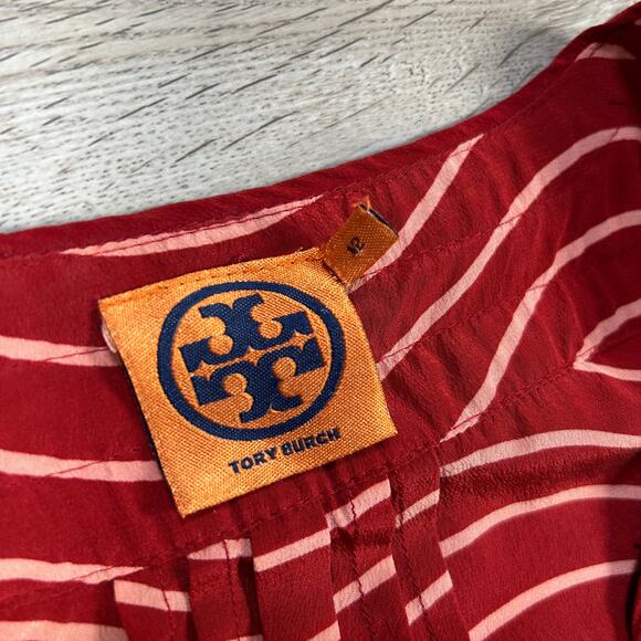 Tory Burch Silk Blouse Red Wave Stripe Tie Neck Size 12 - Picture 4 of 5